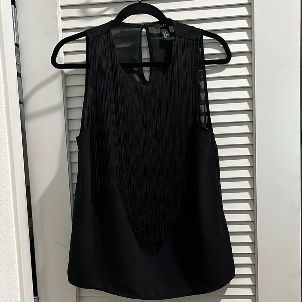 H&M sleeveless black blouse fringe front detail keyhole back sz 10